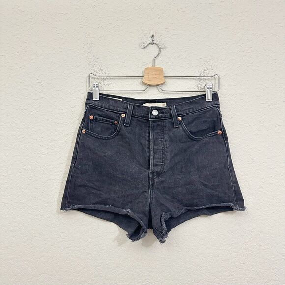 LEVI'S Ribcage Shorts Black Denim High Rise Cut Off Frayed Goth - Picture 1 of 12